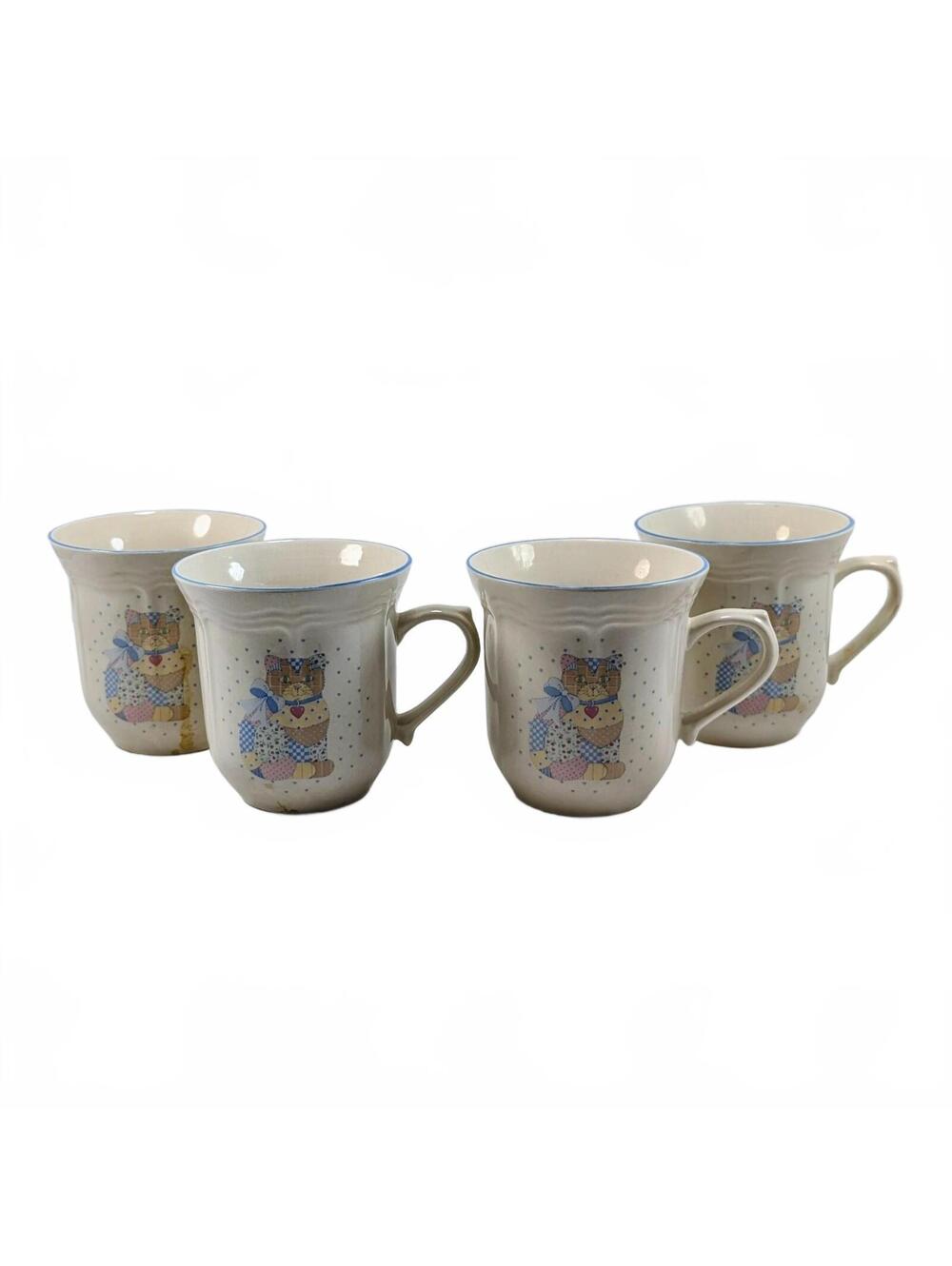 Vtg Tienshan Stoneware Calico Cat Mugs - Set of 4